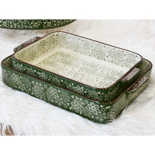 Picture of Cemile Retro Porcelain Rectangle Ovenware Set of 2 - Green