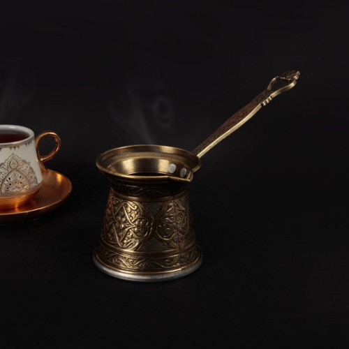 Resim Osmanlı El Yapımı Kalın Dövme Altın Kabartmalı Kahve Cezve 2 Kişilik