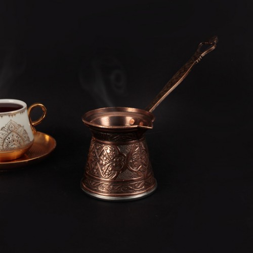 Resim Osmanlı El Yapımı Kalın Dövme Bakır Kabartmalı Kahve Cezve 2 Kişilik