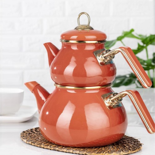 Picture of Qualita Rolypoly Enamel Teapot Set - Caramel