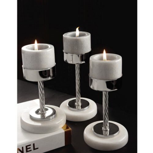 Quarry White Marble Candle Holder Set of 3 - Silver