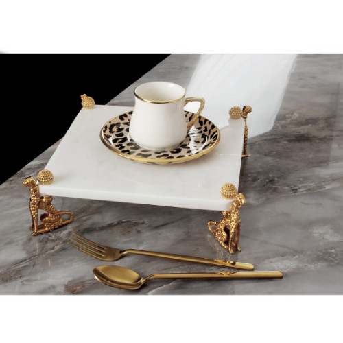 Jaguar White Marble Serving Plate Square Small Size - Gold