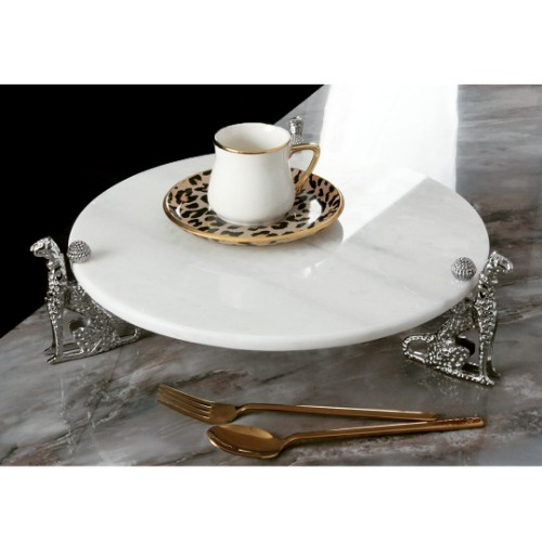 Jaguar White Marble Serving Plate Round Big Size - Silver