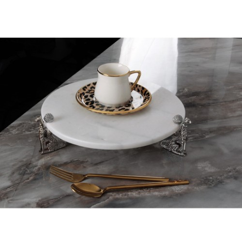 Jaguar White Marble Serving Plate Round Small Size - Silver 