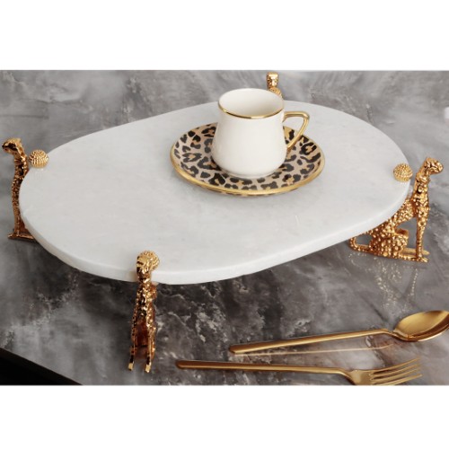 Picture of Jaguar White Marble Serving Plate Oval Big Size - Gold