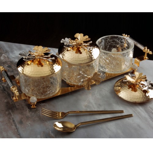 Picture of Butterfly Cracked Glass Serving Bowl Set of 3 with Tray