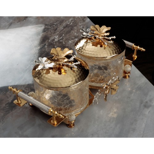 Picture of Butterfly Cracked Glass Serving Bowl Set of 2 with Tray 