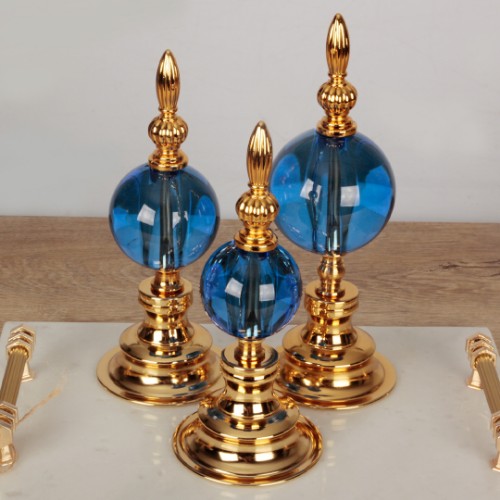 Globe Gold Düz 3 lü Dekoratif Kristal Küre - Mavi