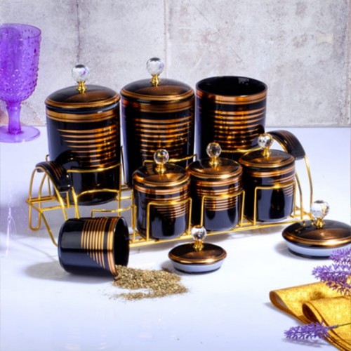 Picture of Black Gold Metal Covering Porcelain Spice Set of 7
